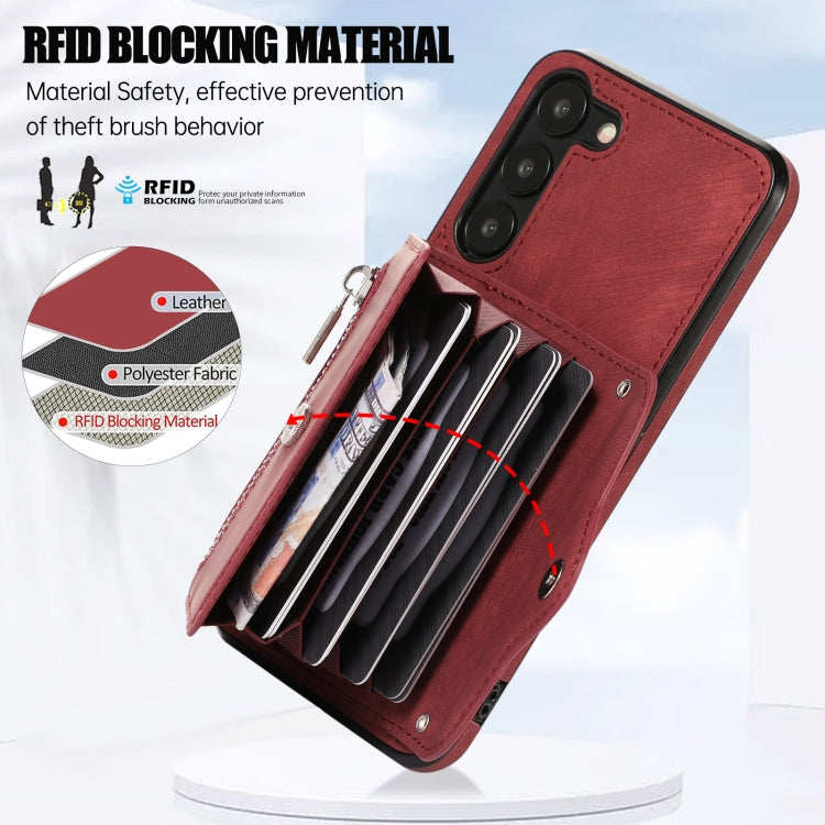 For Samsung Galaxy S22 5G Zipper RFID Card Slots Phone Case with Short Lanyard