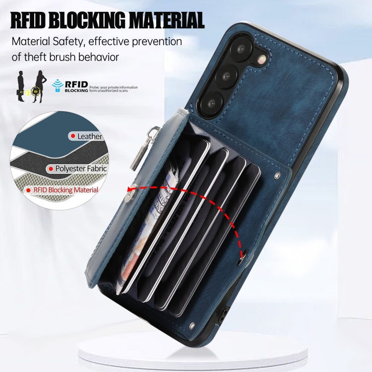 For Samsung Galaxy S22 5G Zipper RFID Card Slots Phone Case with Short Lanyard