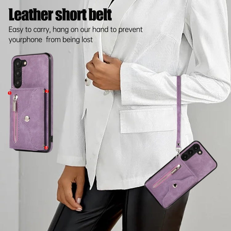 For Samsung Galaxy S22 5G Zipper RFID Card Slots Phone Case with Short Lanyard