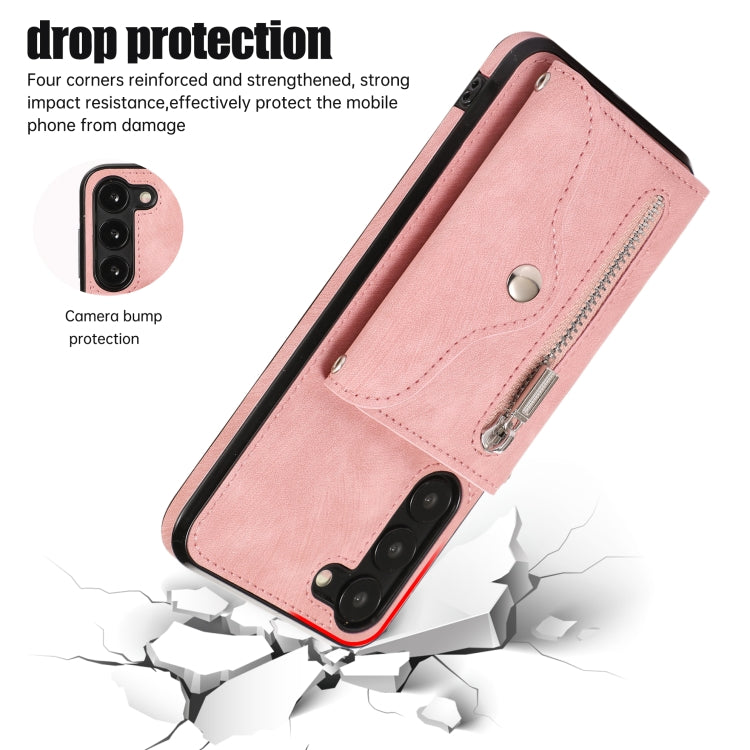 For Samsung Galaxy S22+ 5G Zipper RFID Card Slots Phone Case with Short Lanyard