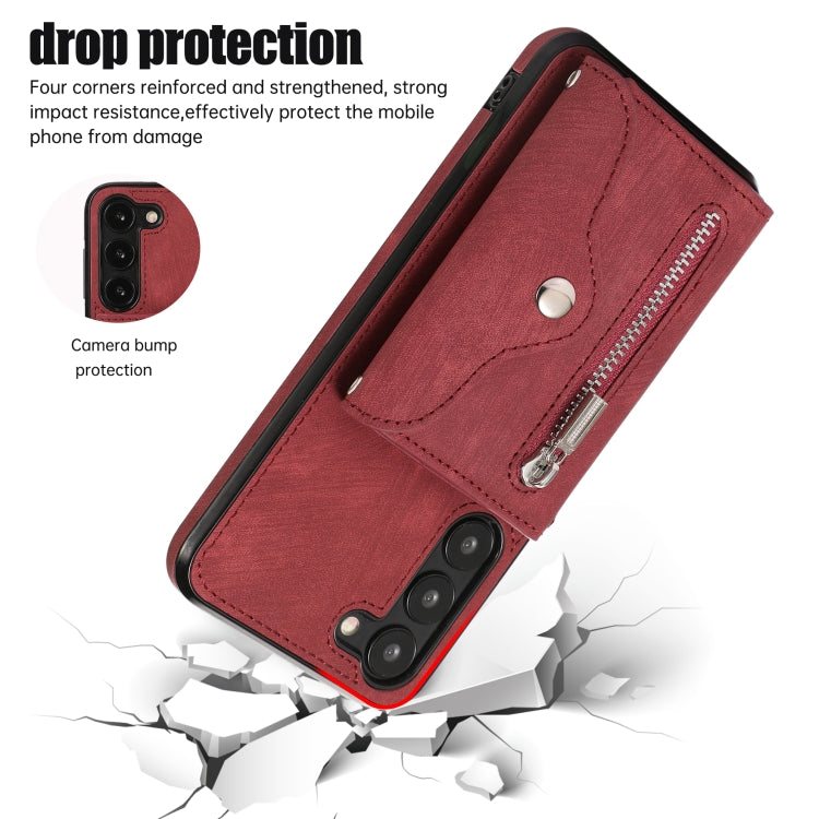 For Samsung Galaxy S22+ 5G Zipper RFID Card Slots Phone Case with Short Lanyard