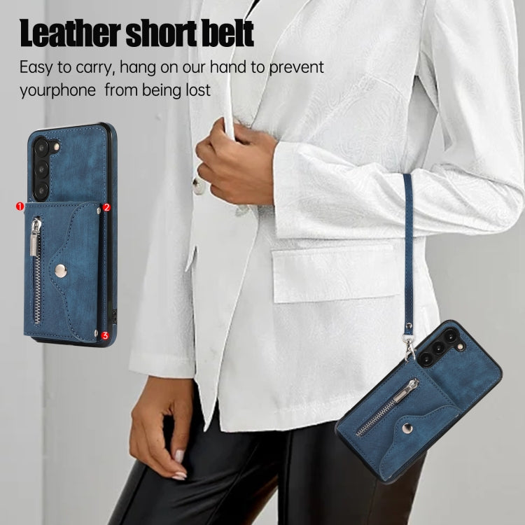 For Samsung Galaxy S22+ 5G Zipper RFID Card Slots Phone Case with Short Lanyard