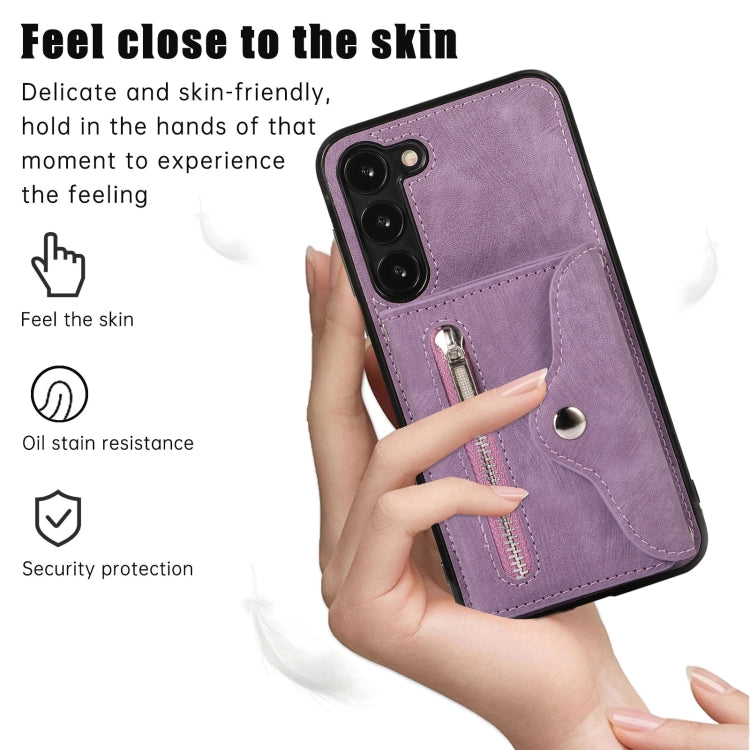 For Samsung Galaxy S22+ 5G Zipper RFID Card Slots Phone Case with Short Lanyard