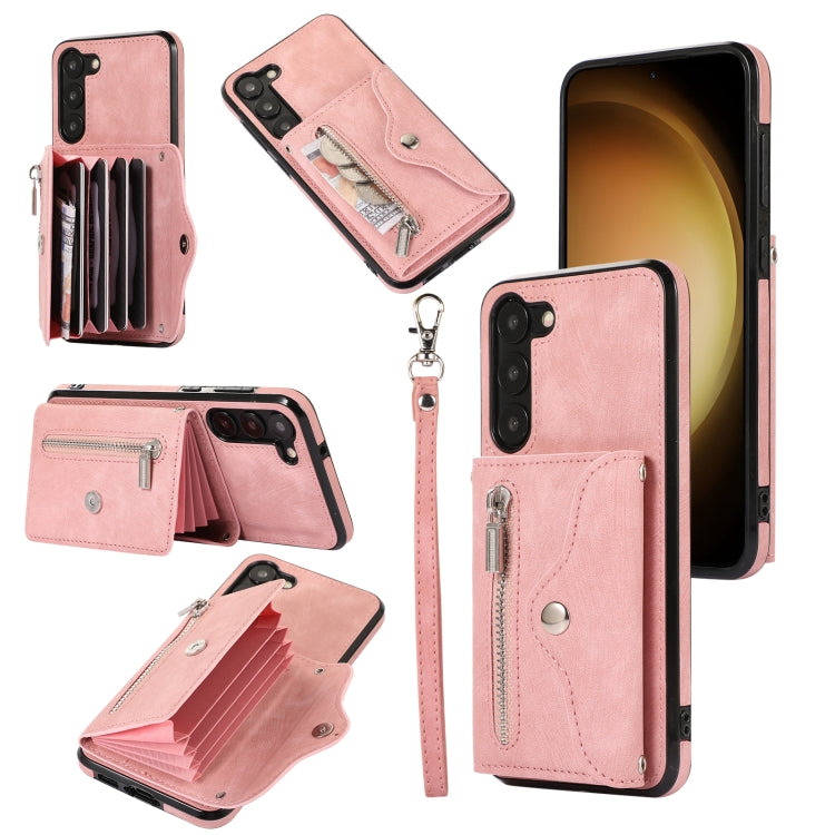 For Samsung Galaxy S21 5G Zipper RFID Card Slots Phone Case with Short Lanyard