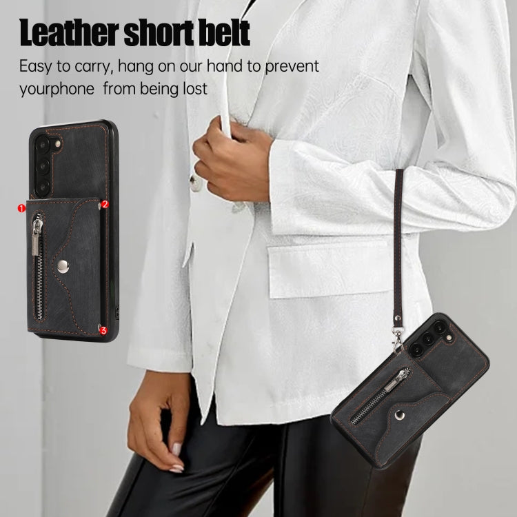 For Samsung Galaxy S21 5G Zipper RFID Card Slots Phone Case with Short Lanyard