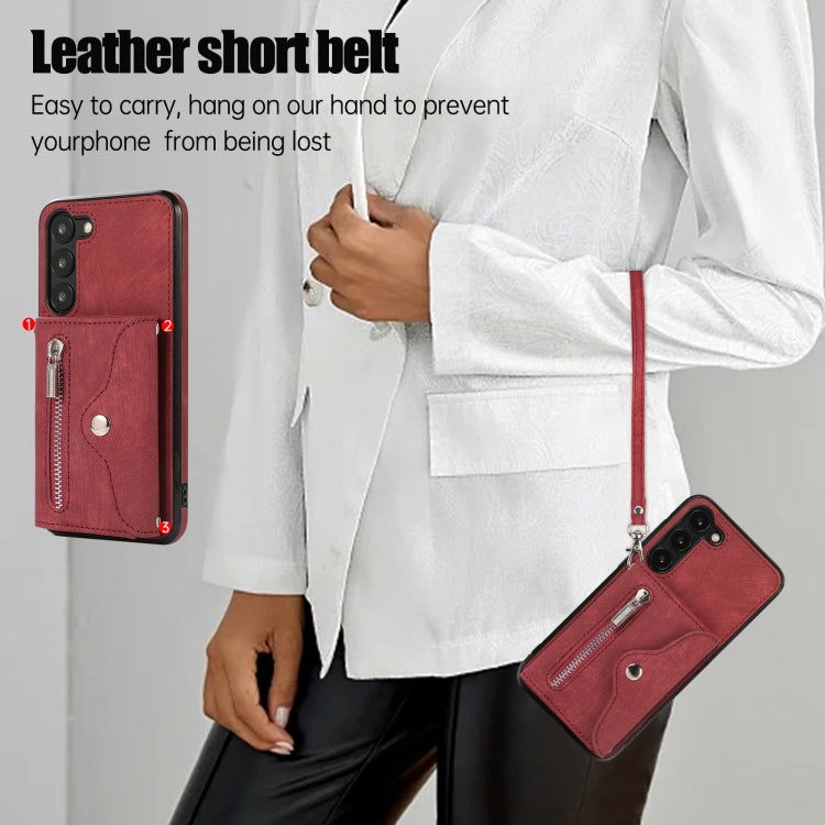 For Samsung Galaxy S21 5G Zipper RFID Card Slots Phone Case with Short Lanyard