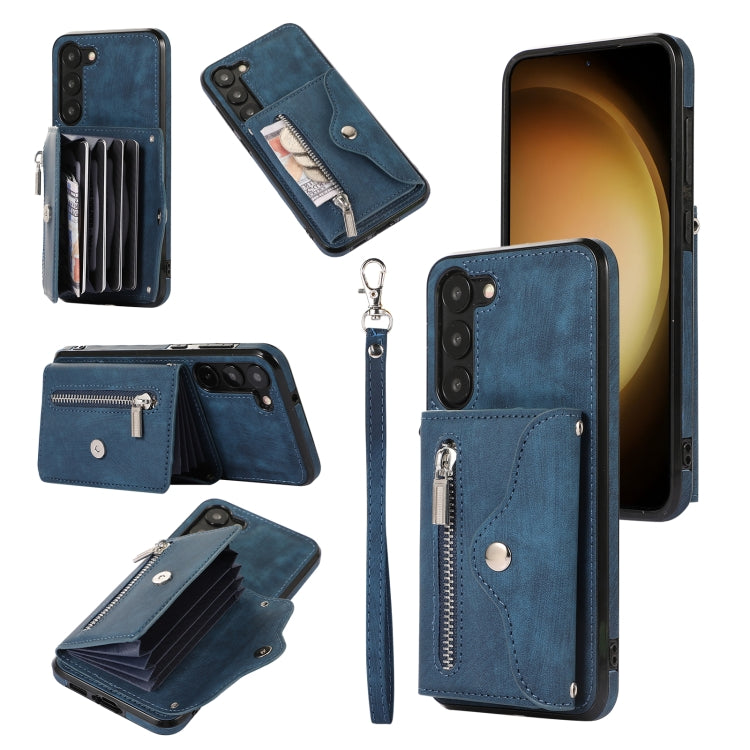 For Samsung Galaxy S21 5G Zipper RFID Card Slots Phone Case with Short Lanyard