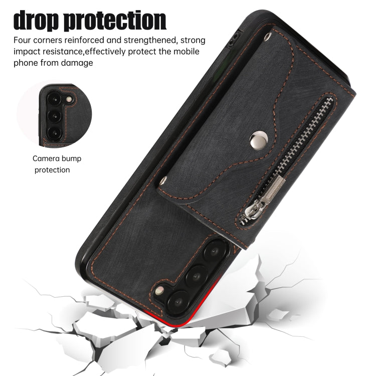 For Samsung Galaxy S21+ 5G Zipper RFID Card Slots Phone Case with Short Lanyard