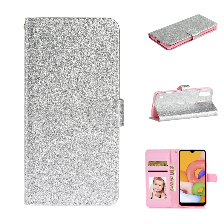 For Samsung Galaxy A01 Glitter Powder Horizontal Flip Leather Case with Card Slots & Holder & Photo Frame & Wallet