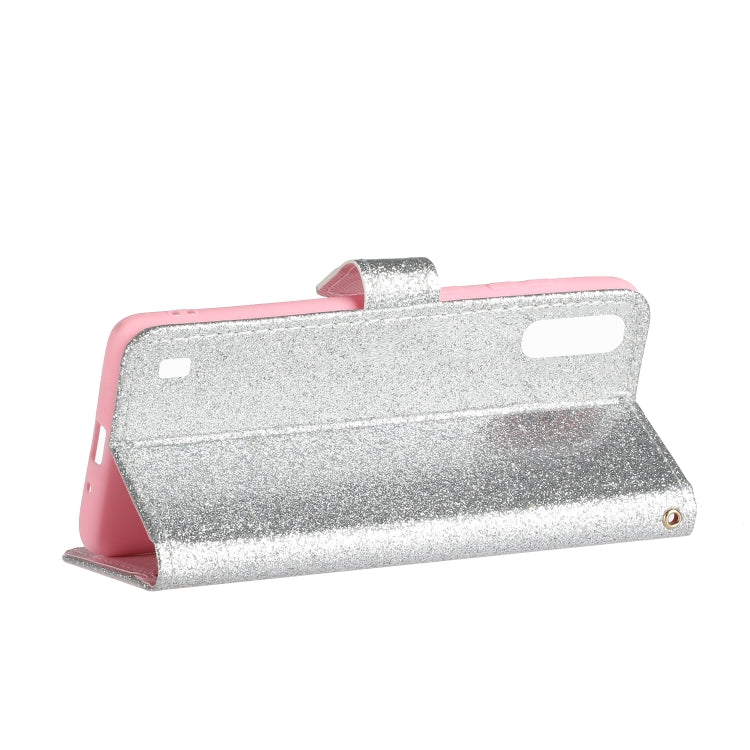 For Samsung Galaxy A01 Glitter Powder Horizontal Flip Leather Case with Card Slots & Holder & Photo Frame & Wallet