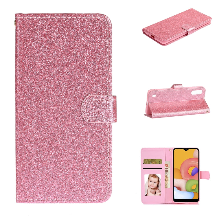 For Samsung Galaxy A01 Glitter Powder Horizontal Flip Leather Case with Card Slots & Holder & Photo Frame & Wallet