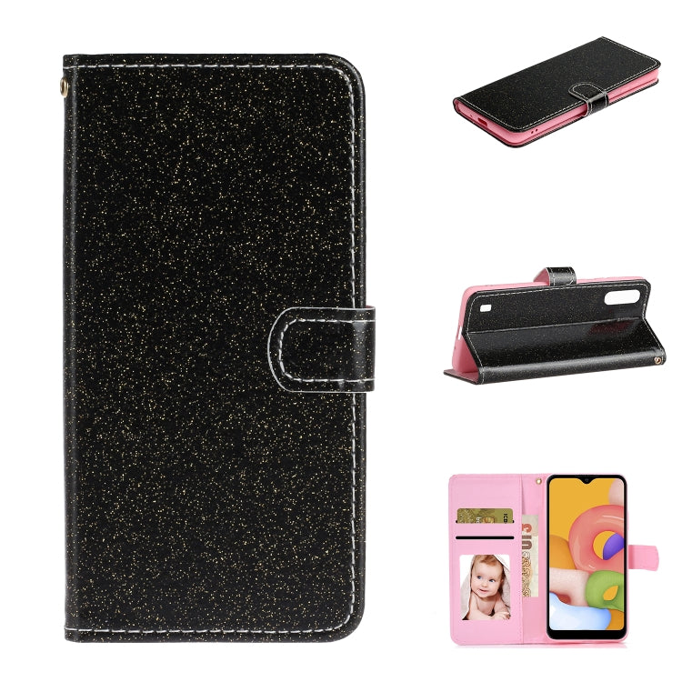 For Samsung Galaxy A01 Glitter Powder Horizontal Flip Leather Case with Card Slots & Holder & Photo Frame & Wallet