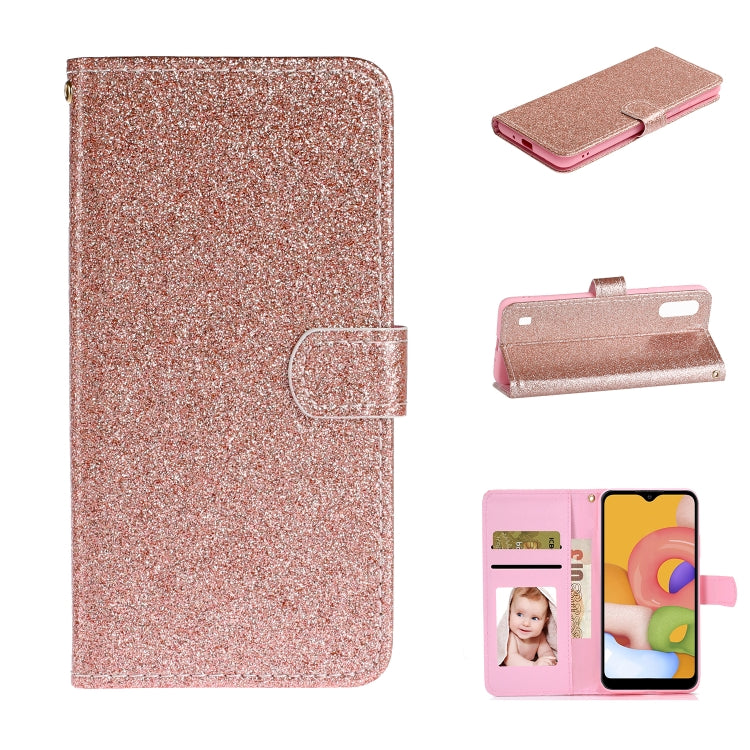For Samsung Galaxy A01 Glitter Powder Horizontal Flip Leather Case with Card Slots & Holder & Photo Frame & Wallet
