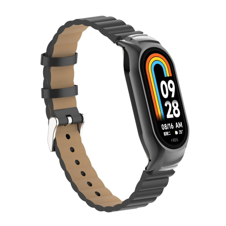For Xiaomi Mi Band 8 Integrated Metal Case + Bamboo Leather Watch Band