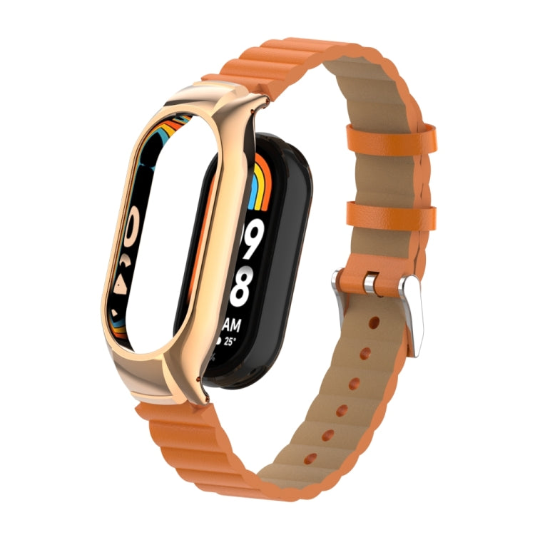 For Xiaomi Mi Band 8 Integrated Metal Case + Bamboo Leather Watch Band