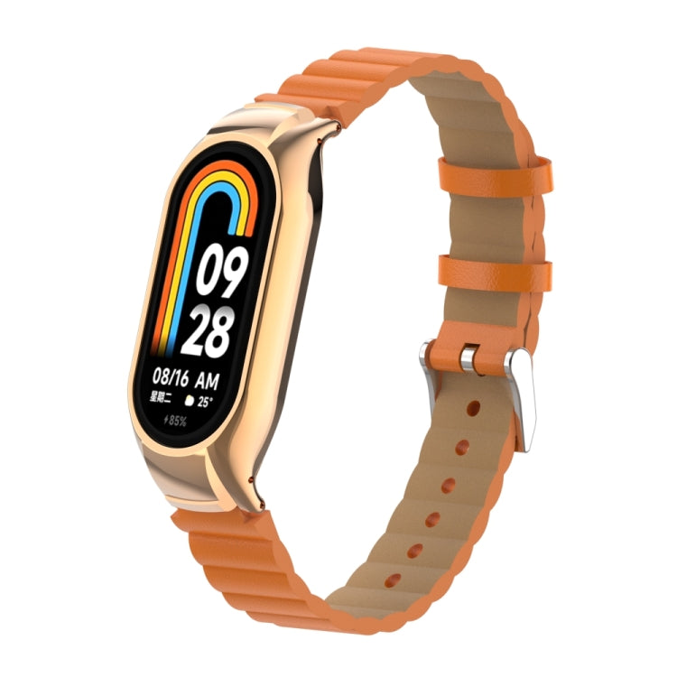 For Xiaomi Mi Band 8 Integrated Metal Case + Bamboo Leather Watch Band