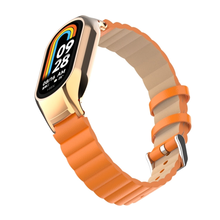 For Xiaomi Mi Band 8 Integrated Metal Case + Bamboo Leather Watch Band