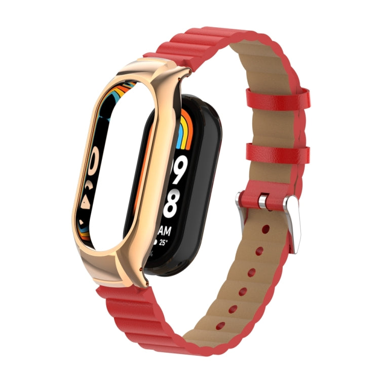 For Xiaomi Mi Band 8 Integrated Metal Case + Bamboo Leather Watch Band