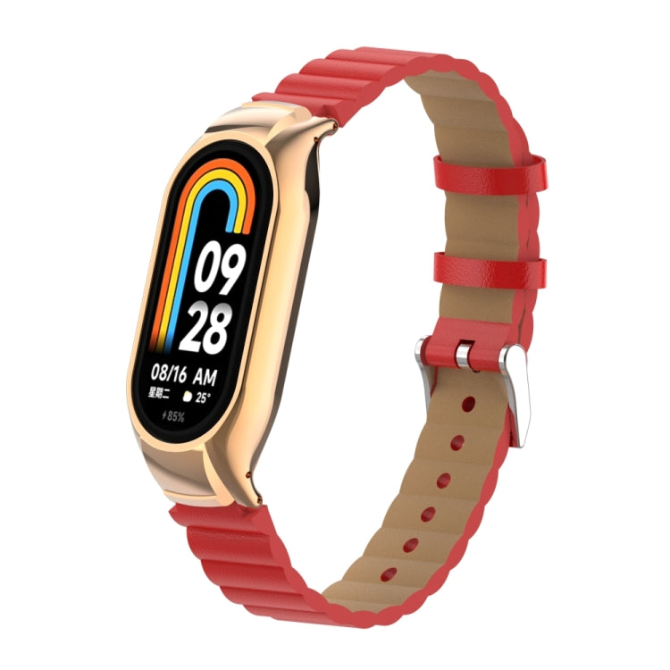 For Xiaomi Mi Band 8 Integrated Metal Case + Bamboo Leather Watch Band