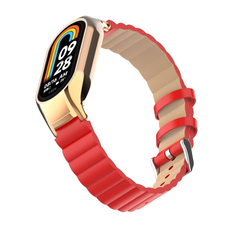For Xiaomi Mi Band 8 Integrated Metal Case + Bamboo Leather Watch Band