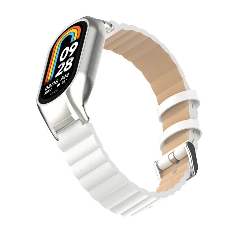 For Xiaomi Mi Band 8 Integrated Metal Case + Bamboo Leather Watch Band