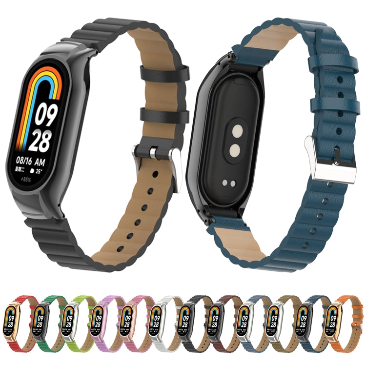 For Xiaomi Mi Band 8 Integrated Metal Case + Bamboo Leather Watch Band