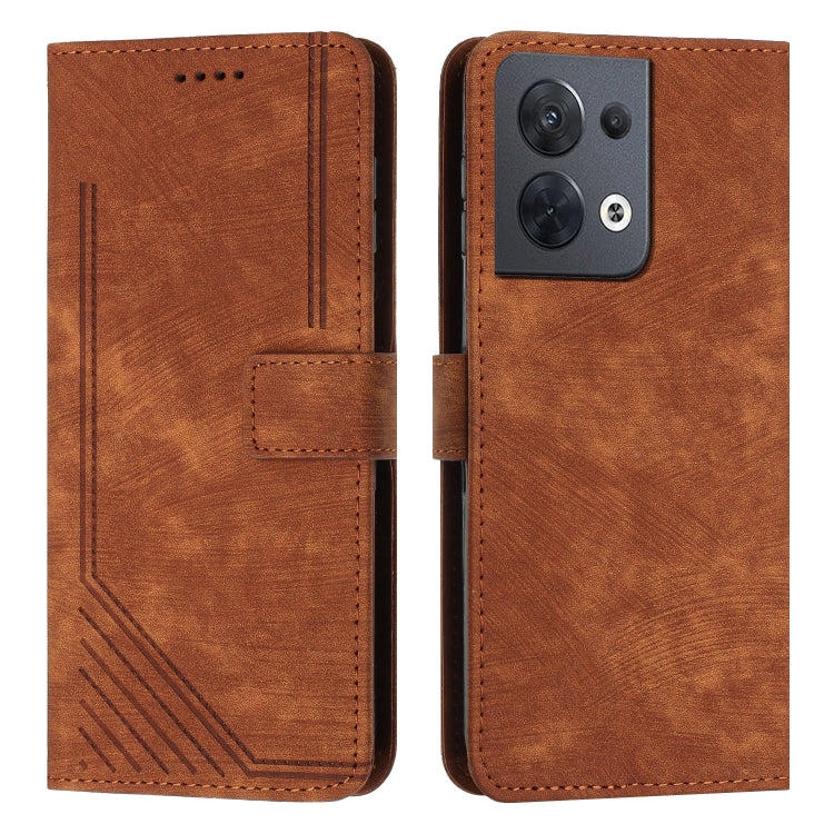 For OPPO Reno8 5G Skin Feel Stripe Pattern Leather Phone Case with Lanyard