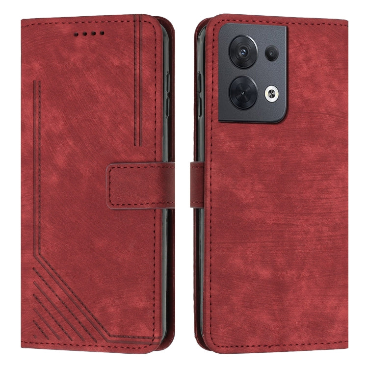 For OPPO Reno8 5G Skin Feel Stripe Pattern Leather Phone Case with Lanyard