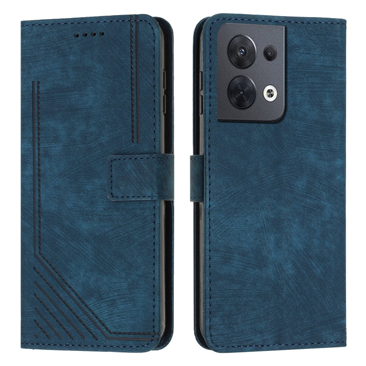 For OPPO Reno8 5G Skin Feel Stripe Pattern Leather Phone Case with Lanyard