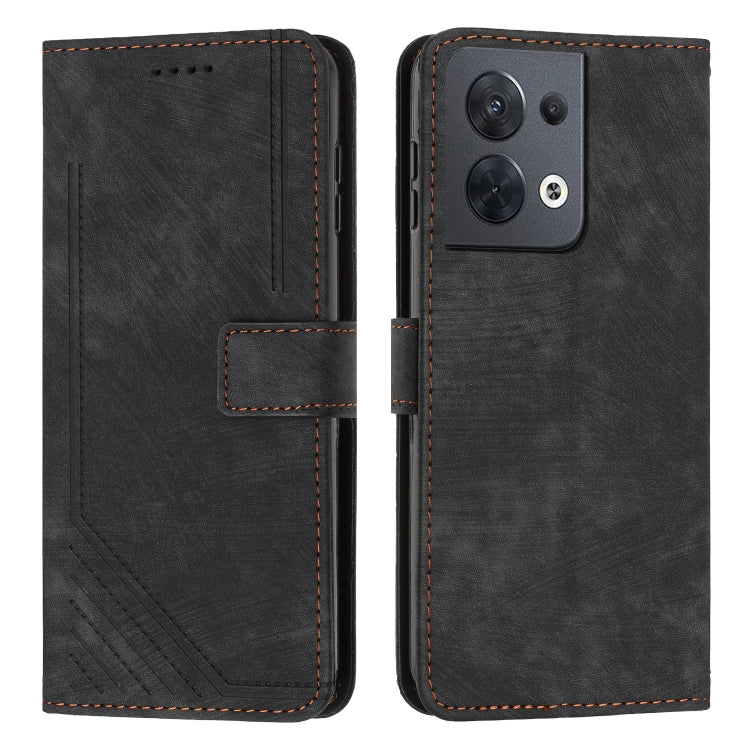 For OPPO Reno8 5G Skin Feel Stripe Pattern Leather Phone Case with Lanyard