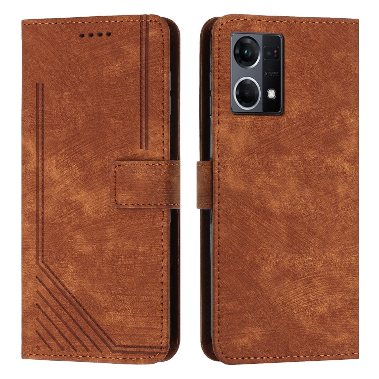 For OPPO Reno7 4G Global / F21 Pro 4G Skin Feel Stripe Pattern Leather Phone Case with Lanyard