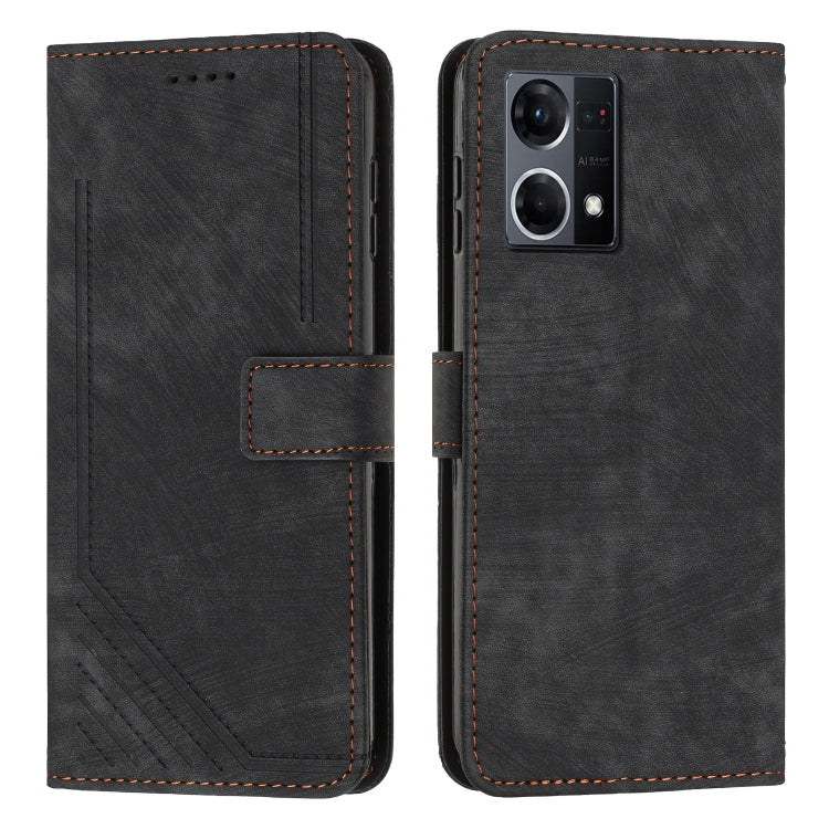 For OPPO Reno7 4G Global / F21 Pro 4G Skin Feel Stripe Pattern Leather Phone Case with Lanyard