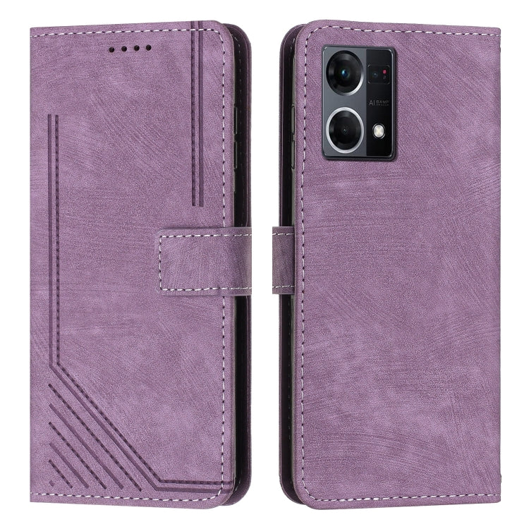 For OPPO Reno7 4G Global / F21 Pro 4G Skin Feel Stripe Pattern Leather Phone Case with Lanyard