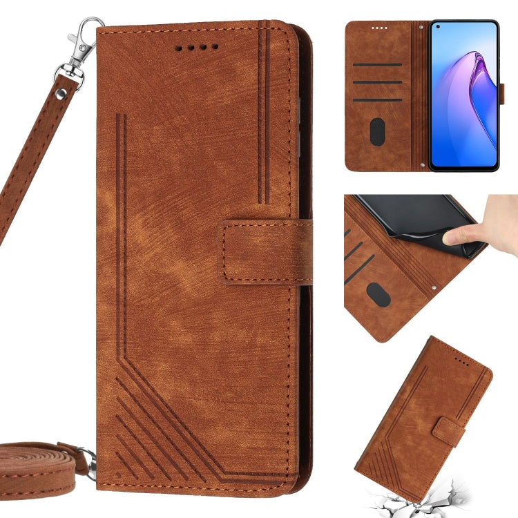For OPPO Reno6 5G Skin Feel Stripe Pattern Leather Phone Case with Lanyard
