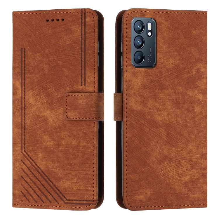 For OPPO Reno6 5G Skin Feel Stripe Pattern Leather Phone Case with Lanyard