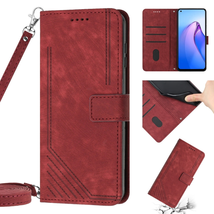 For OPPO Reno6 5G Skin Feel Stripe Pattern Leather Phone Case with Lanyard