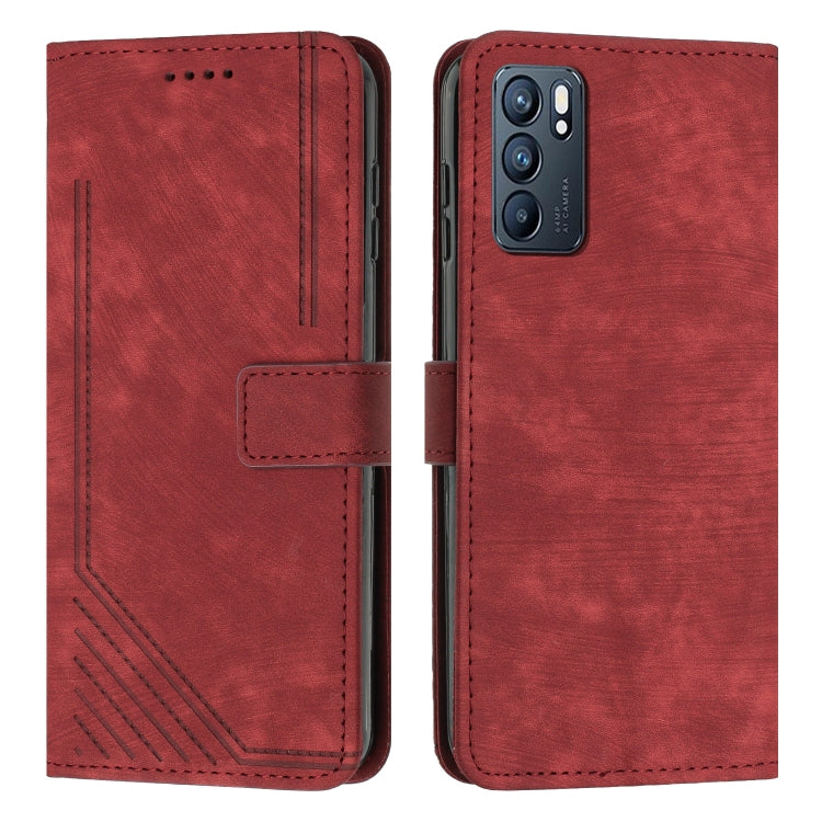 For OPPO Reno6 5G Skin Feel Stripe Pattern Leather Phone Case with Lanyard