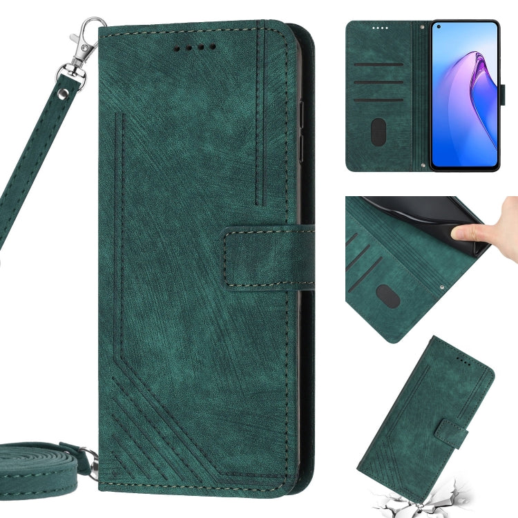 For OPPO Reno6 5G Skin Feel Stripe Pattern Leather Phone Case with Lanyard
