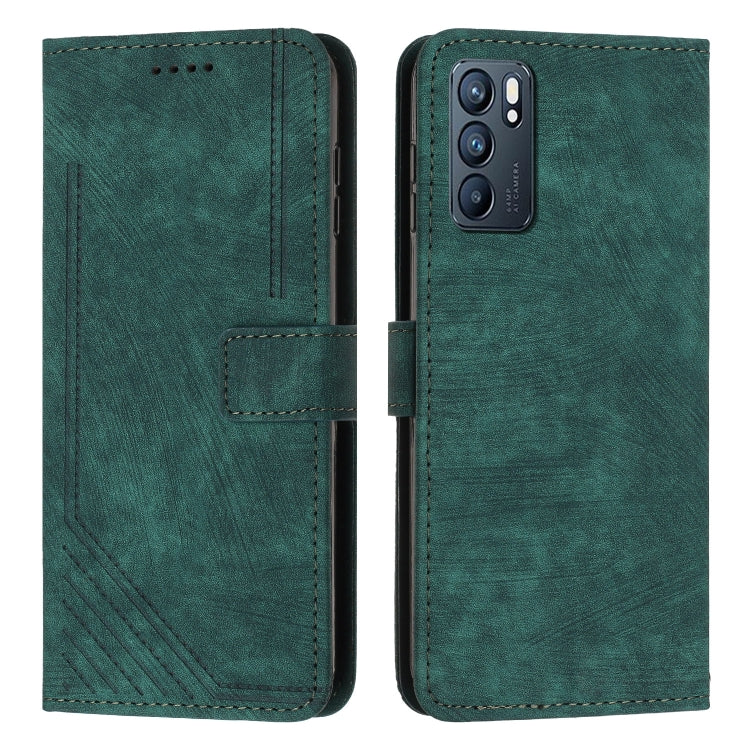 For OPPO Reno6 5G Skin Feel Stripe Pattern Leather Phone Case with Lanyard