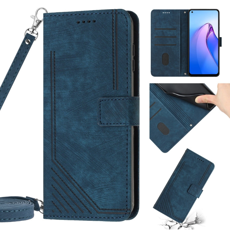 For OPPO Reno6 5G Skin Feel Stripe Pattern Leather Phone Case with Lanyard