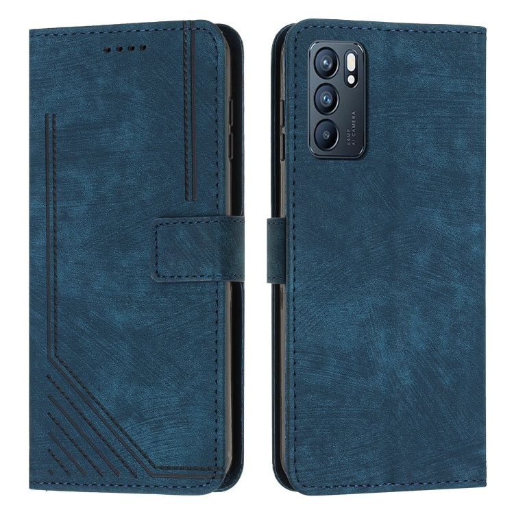 For OPPO Reno6 5G Skin Feel Stripe Pattern Leather Phone Case with Lanyard