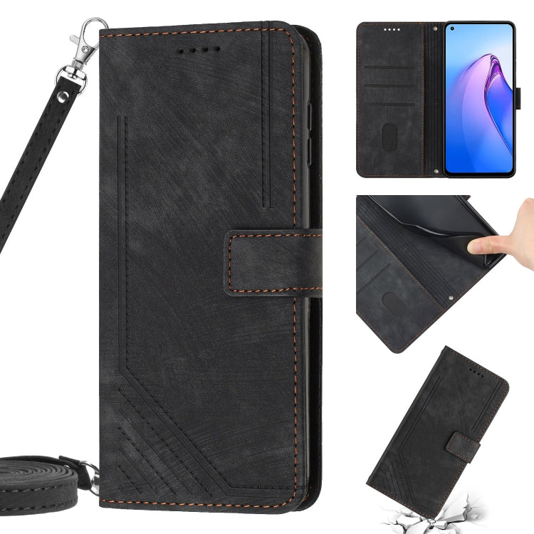 For OPPO Reno6 5G Skin Feel Stripe Pattern Leather Phone Case with Lanyard