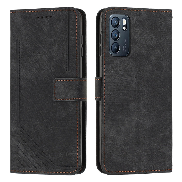 For OPPO Reno6 5G Skin Feel Stripe Pattern Leather Phone Case with Lanyard