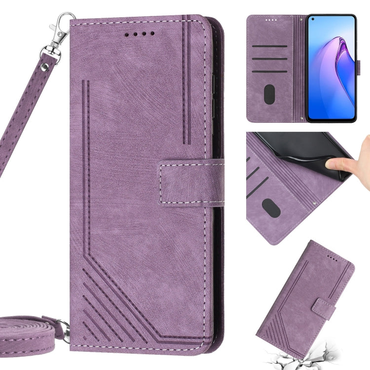 For OPPO Reno6 5G Skin Feel Stripe Pattern Leather Phone Case with Lanyard