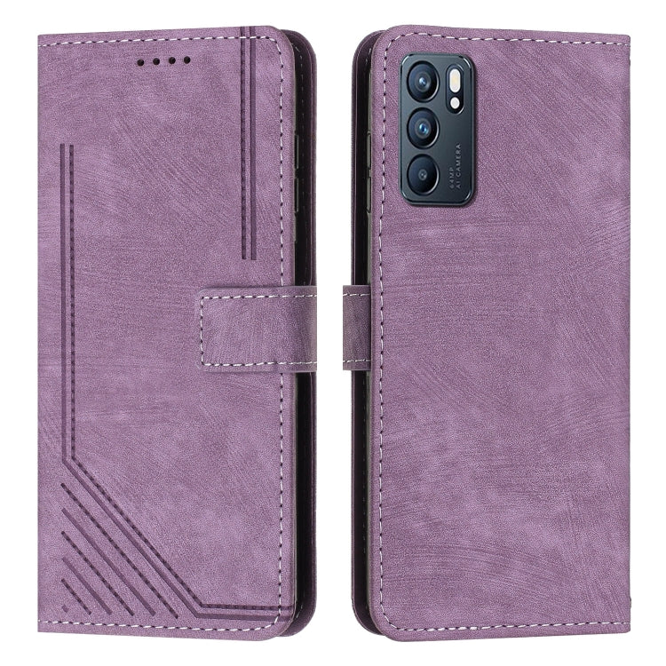 For OPPO Reno6 5G Skin Feel Stripe Pattern Leather Phone Case with Lanyard