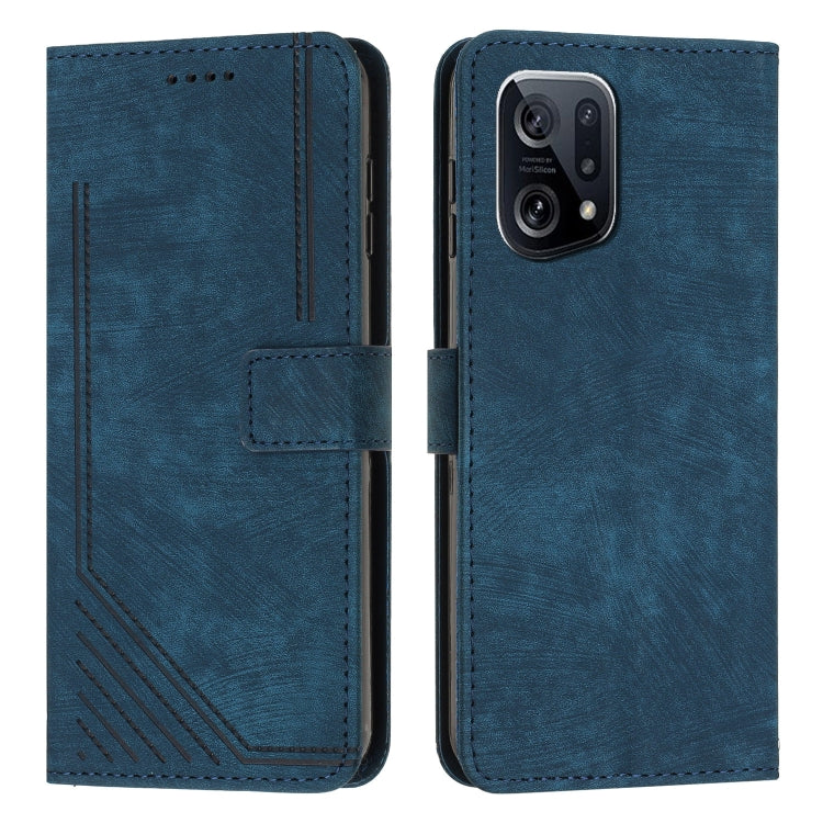 For OPPO Find X5 Skin Feel Stripe Pattern Leather Phone Case with Lanyard