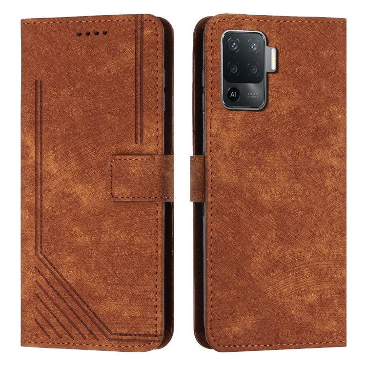 Skin Feel Stripe Pattern Leather Phone Case with Lanyard for OPPO A94 4G / F19 Pro / F19 Pro+ / A94 5G / A95 5G / Reno5 Z / Reno6 Z 5G / Reno5 F / Reno5 Lite