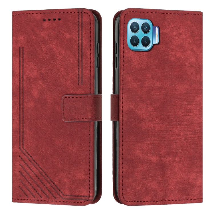 For OPPO A73 2020 / F17 Skin Feel Stripe Pattern Leather Phone Case with Lanyard