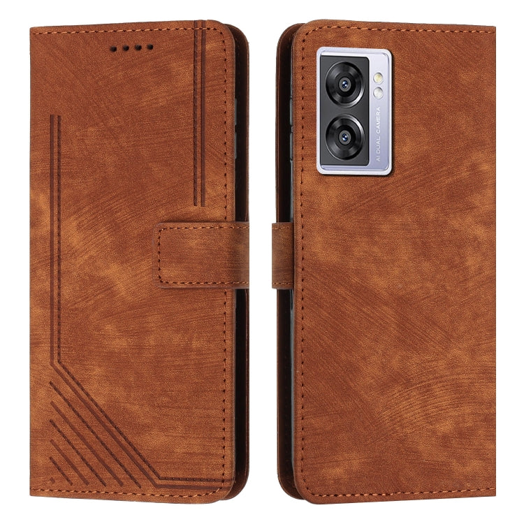 For OPPO A57 5G / A57 4G 2022 / A77 5G / Realme V23 Skin Feel Stripe Pattern Leather Phone Case with Lanyard