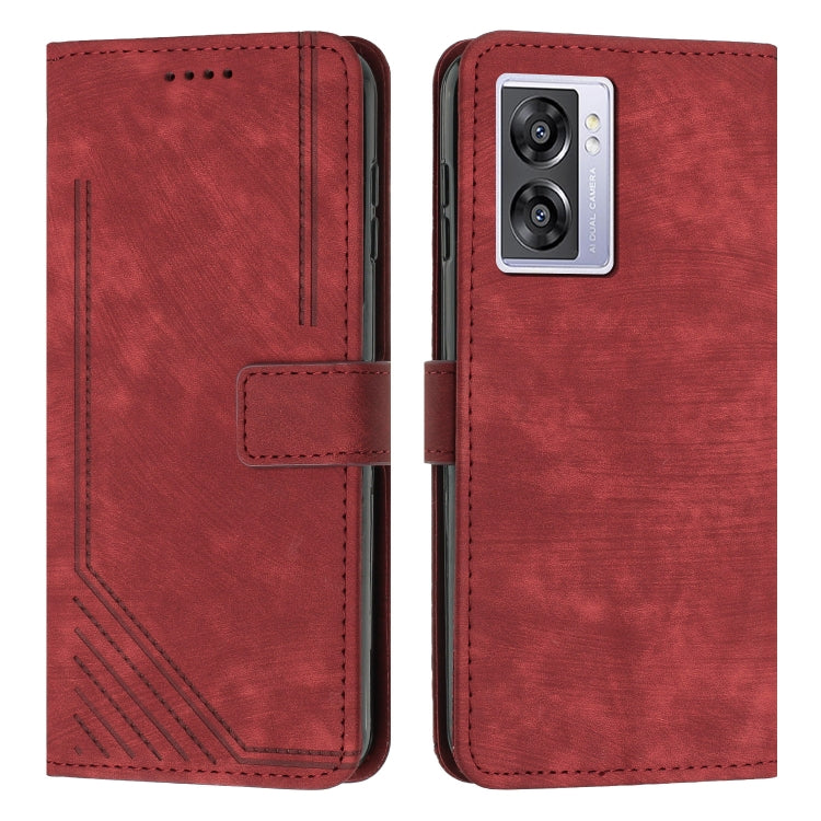 For OPPO A57 5G / A57 4G 2022 / A77 5G / Realme V23 Skin Feel Stripe Pattern Leather Phone Case with Lanyard